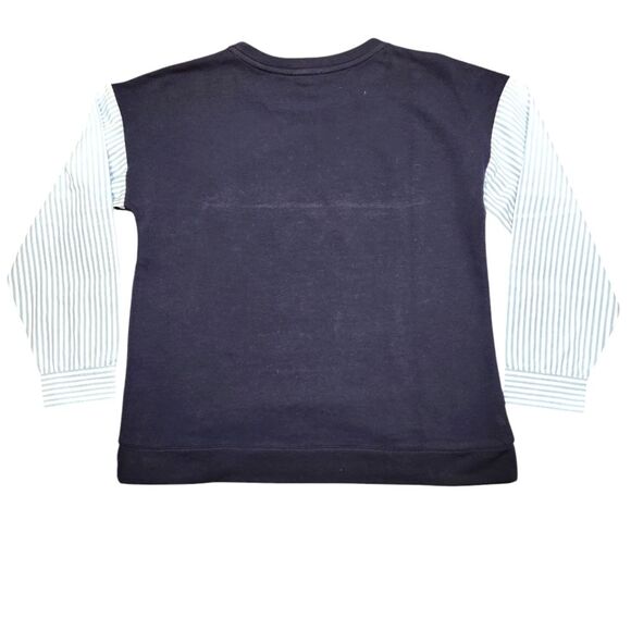 Talbots Top Woven Sleeve Crew Neck Navy Blue Striped Long Sleeve Preppy Twee L - Picture 8 of 14